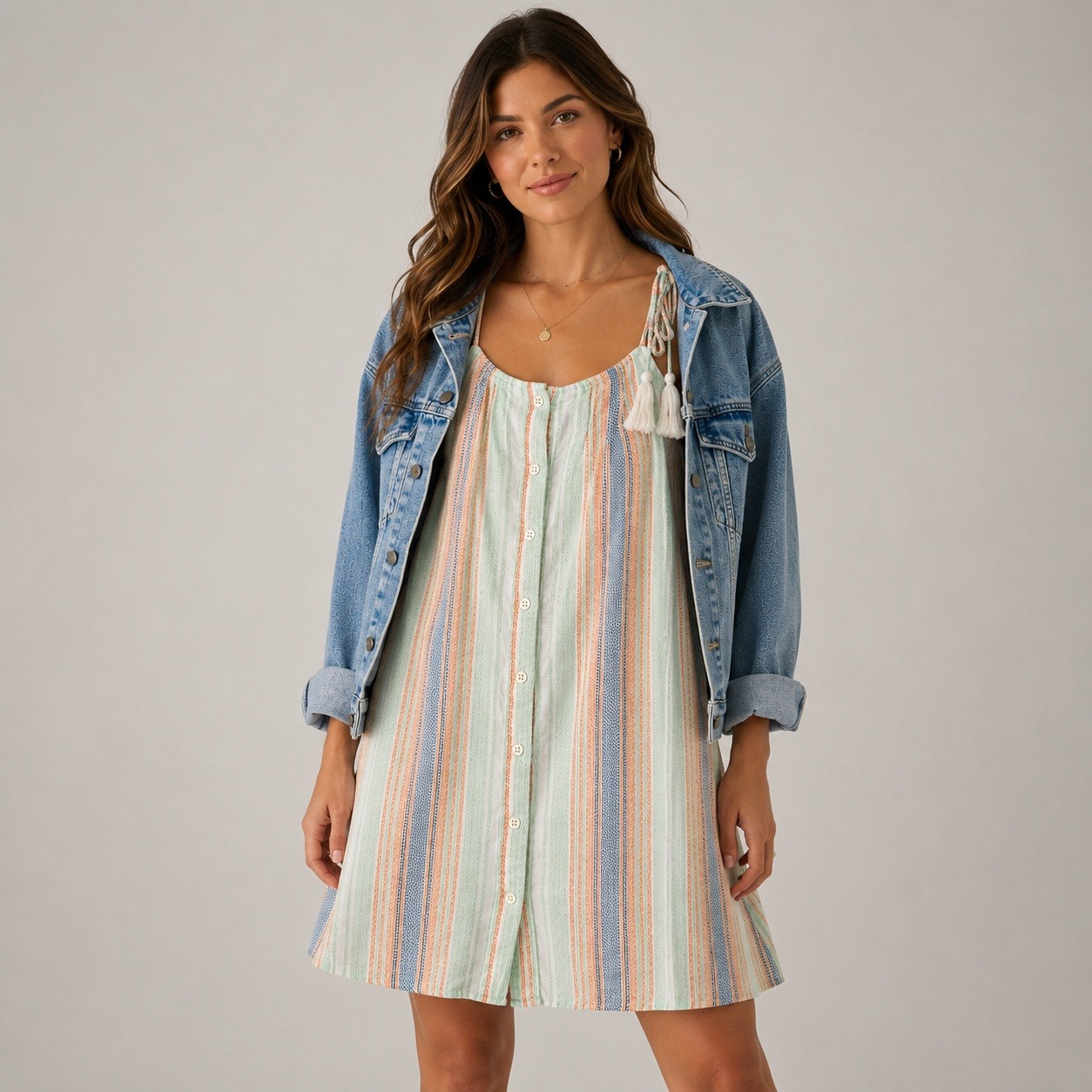 Anthro Sadie & Sage Striped Adjustable Mini Sundress Boho Tassel Straps Medium